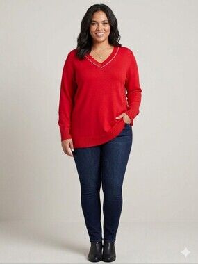 Investments Red Jeweled V-neck Sweater  NWT 3X